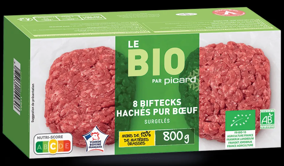 8 biftecks hachés bio, pur boeuf, 15% M.G maximum*Picard New