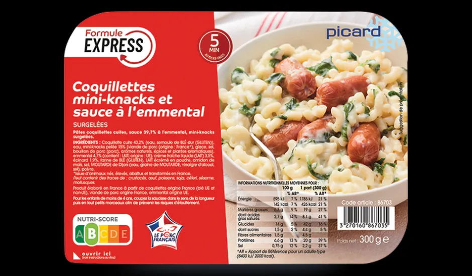 Coquillettes, mini-knacks et sauce à l'emmental*Picard Discount