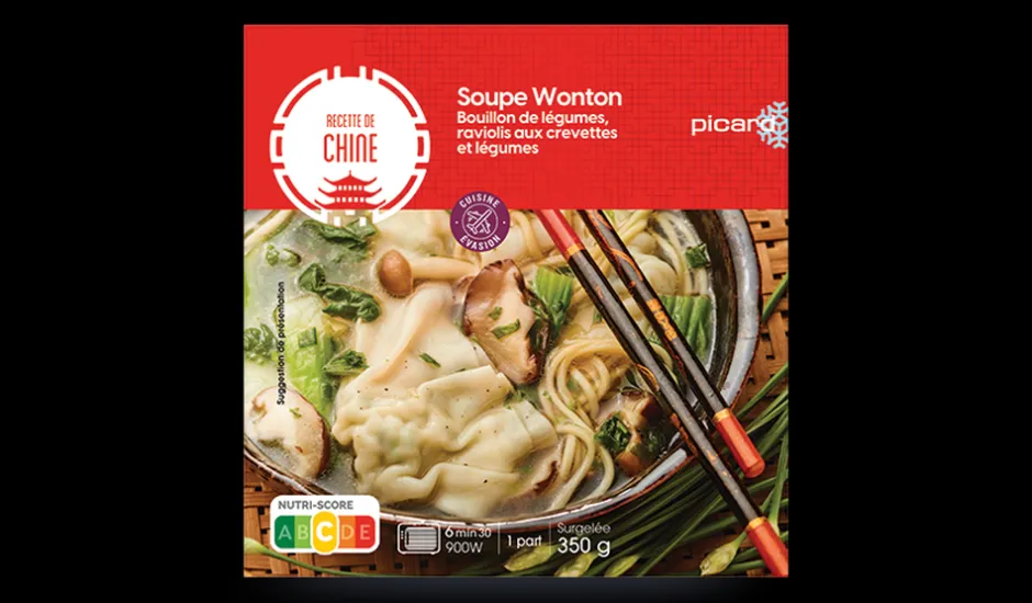 Soupe wonton bouillon légumes, raviolis crevettes*Picard Sale